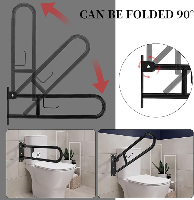 Toilet Grab Bar 32 Inch, YuanDe Flip Up Grab Bar with Paper Holder | Matte Black Anti-Slip Safety Bars for Toilet, Stainless Steel Knurled Toilet Handles for Seniors Disabled Elderly Pregnant