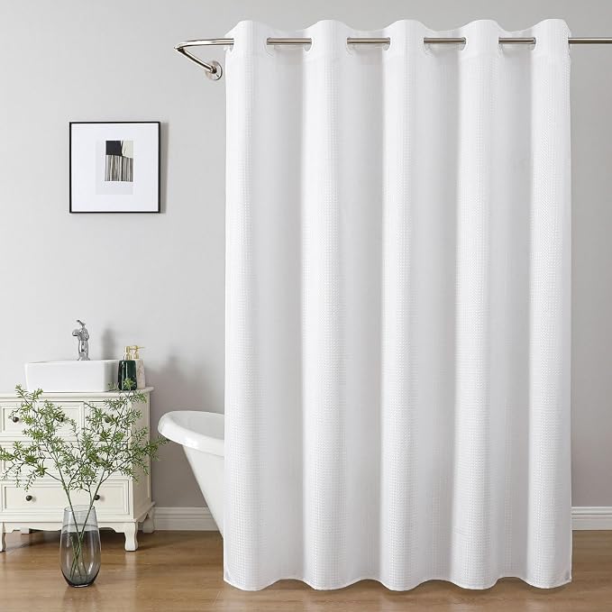 eachope No Hook Waffle Shower Curtain, No Liner Needed, 71x74 Inch, White | 100% waterproof TPU-laminated backing, magnetic weighted hem, machine washable, shower curtain set for bathroom or hotel use