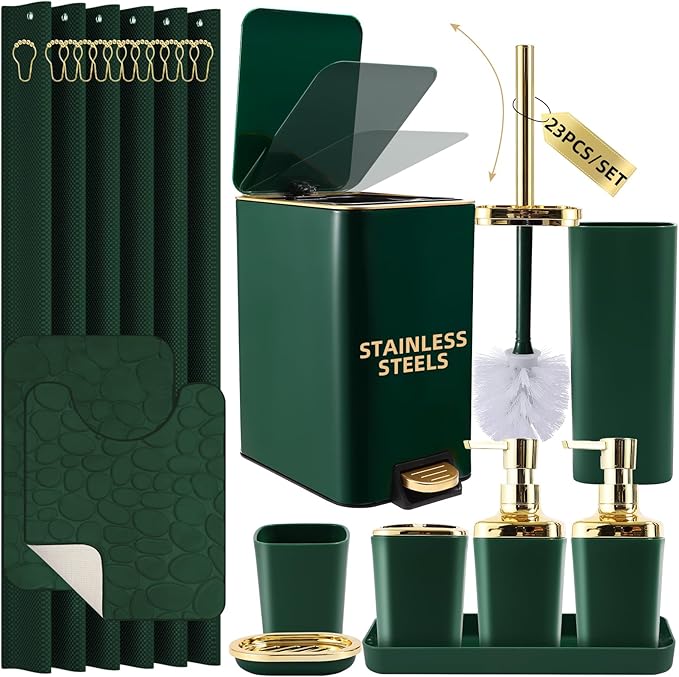 Bathroom Sets with Shower Curtain and Rugs Bathroom Accessories Set Dark Green Bathroom Set,Soap Dispenser & Toilet Brush Holder Set with Stainless Steel Trash Can(23 PCS)