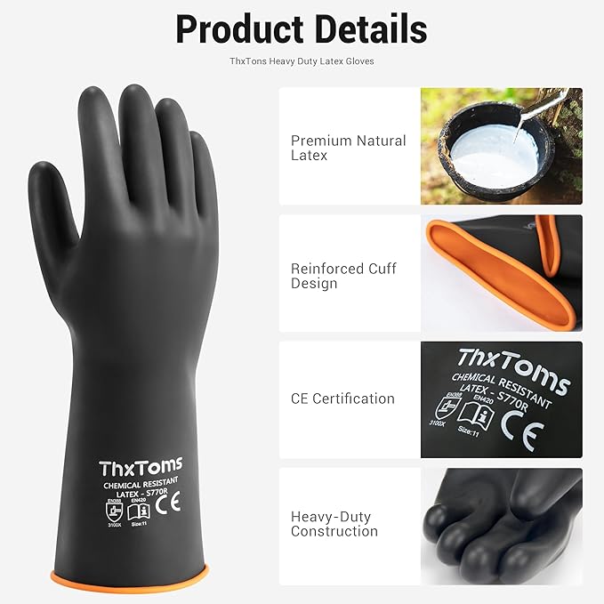 ThxToms Chemical Resistant Gloves, Puncture Resistant,Latex | Heavy Duty Rubber Gloves, Acid Oil & Alkali Resistant for Industrial Cleaning, Auto Repair, Mechanics, 18", 1 Pair