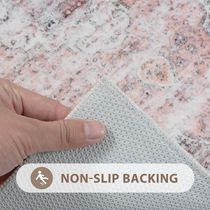 Uphome Bathroom Rugs Runner, Distressed Farmhouse Boho Blush Pink Bath Mat, Non Slip Washable Long Bath Rugs, Vintage Traditonal Soft Bathroom Runner for Bathtub Sink Shower, 18x47 inch