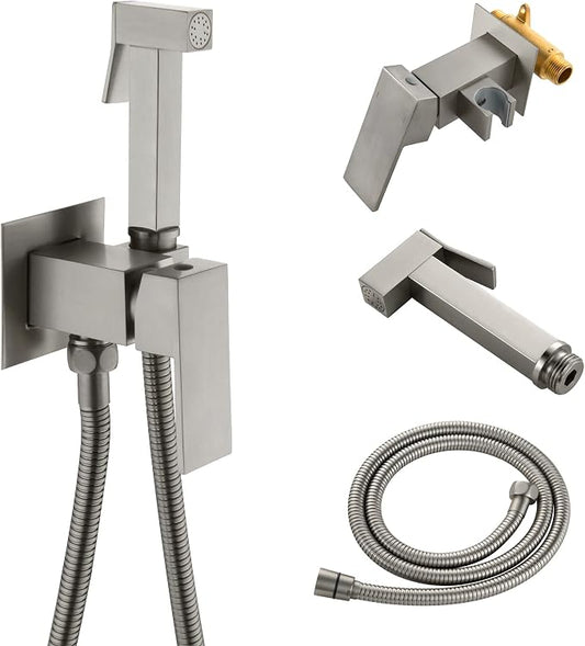 Warm Water Bidet Sprayer for Toilet with Hot and Cold Brass Rough-in Valve, Stainless Steel Handheld Bidet Attachment Set for Feminine, Pets and Baby Diaper Wash, Brushed Nickel, BDS08-2