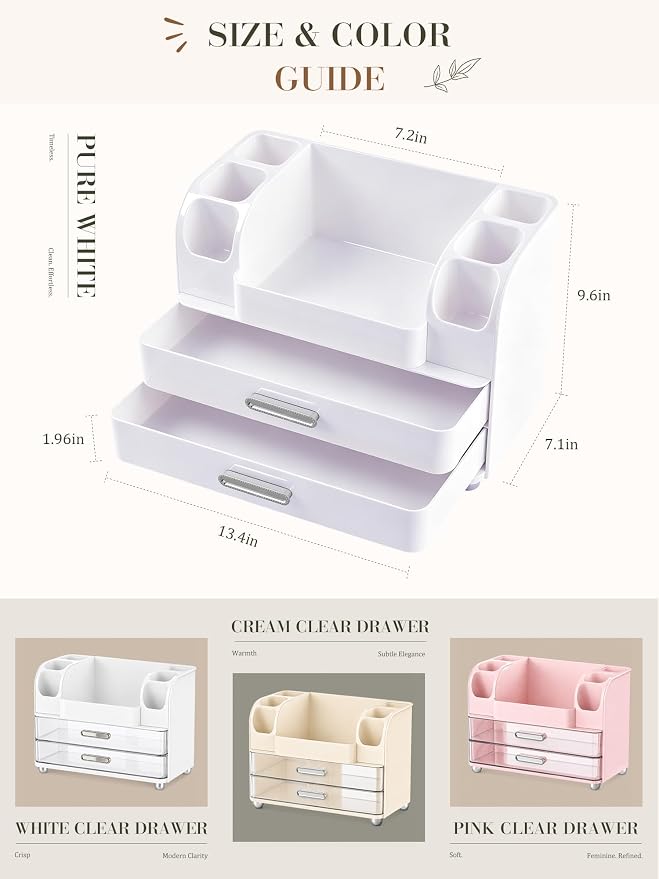 Large Makeup Organizer Countertop for Vanity Skincare Organizers | Cosmetic Display Cases with Drawers and Brushes Holders, Make up Organizers for Perfumes, Nail Polish, Lipsticks, All White