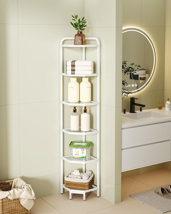 Hzuaneri Corner Shelf Stand, 6-Tier Glass Bookshelf Bookcase, Plant Stand | Bathroom Organizer Steel Frame, Tempered Glass, Modern Style for Living Room, Bathroom, Kitchen, White CS90613W