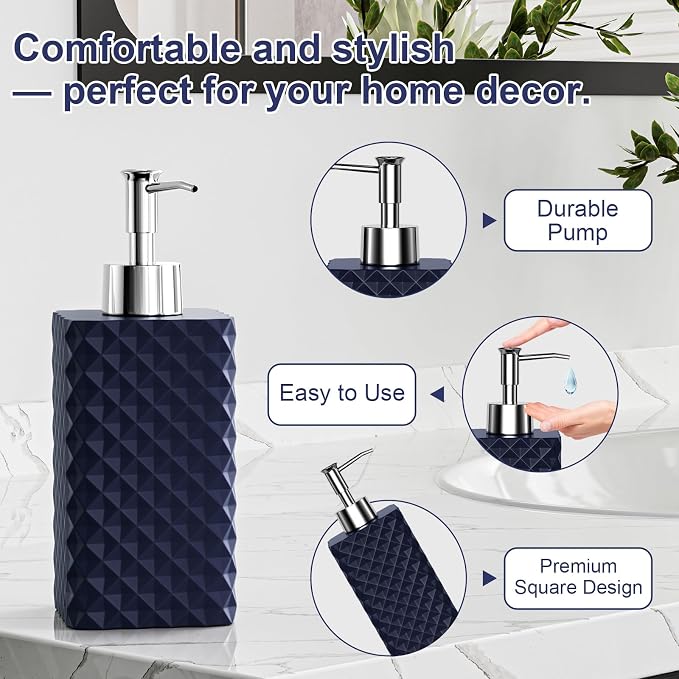 Bathroom Accessories Set Resin 6PCS, Square Toothbrush Holders Set Complete with Soap Dispenser, Vanity Tray, Tumbler, Cups and Cotton Swab Jars (Navy Diamond, Resin Bath 6 PCS)