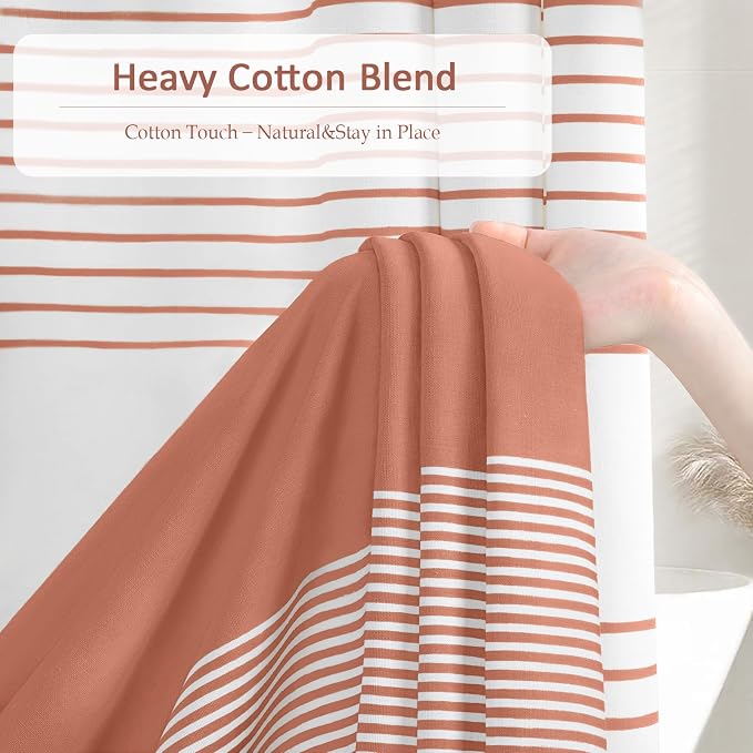 Coral Boho Cotton Striped Shower Curtain with Tassel 72" W X 72" L | Boho Farmhouse Shower Curtains for Bathroom with Soft Cotton Feel