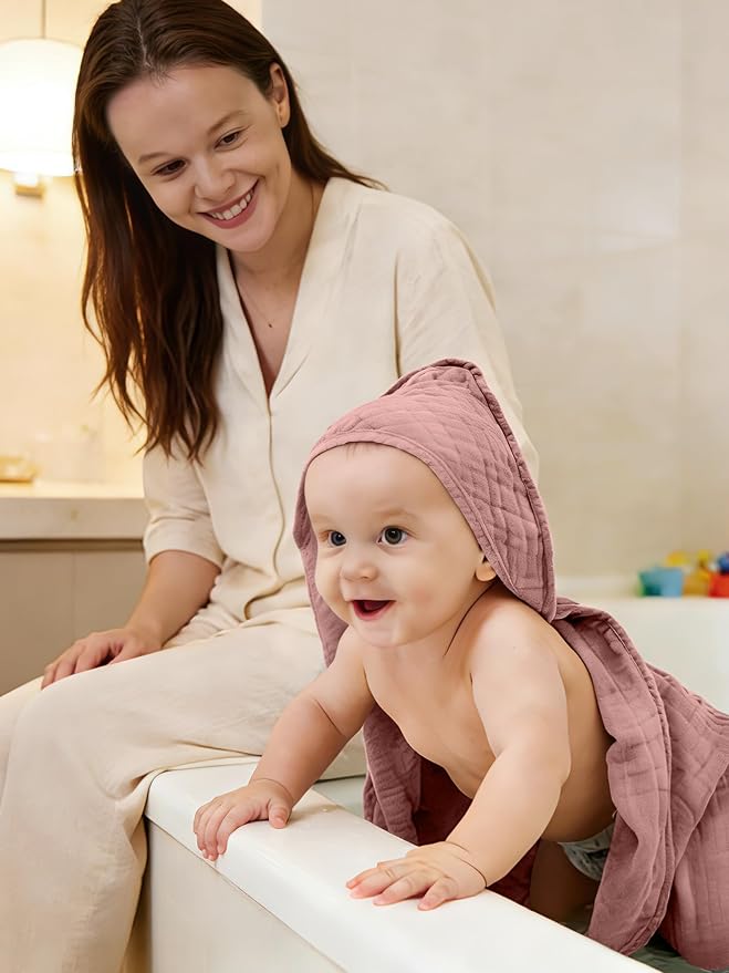 Muslin Hooded Baby Bath Towels - 3 Pack 100% Cotton Ultra-Soft Towels for Newborns, Infants, Toddlers - 32x32 Inch - Highly Absorbent, Quick-Dry Essentials for Bath, Beach, Pool, Bean Paste Series