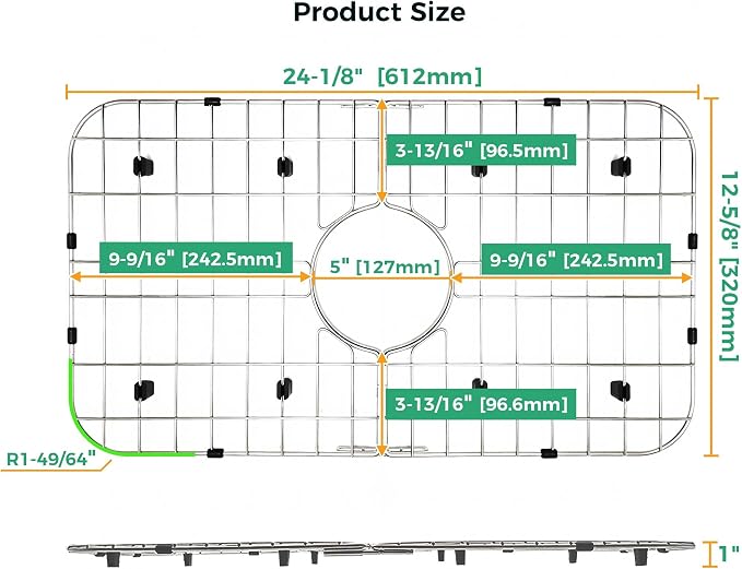 24-1/8" x 12-5/8" Stainless Steel Sink Grid Bottom Protector Rack | 304 Stainless, Anti-Rust, Sink Bottom Protector, Scratch Proof, Center Drain, Multi-Use Rack, Heavy Duty, Easy Clean