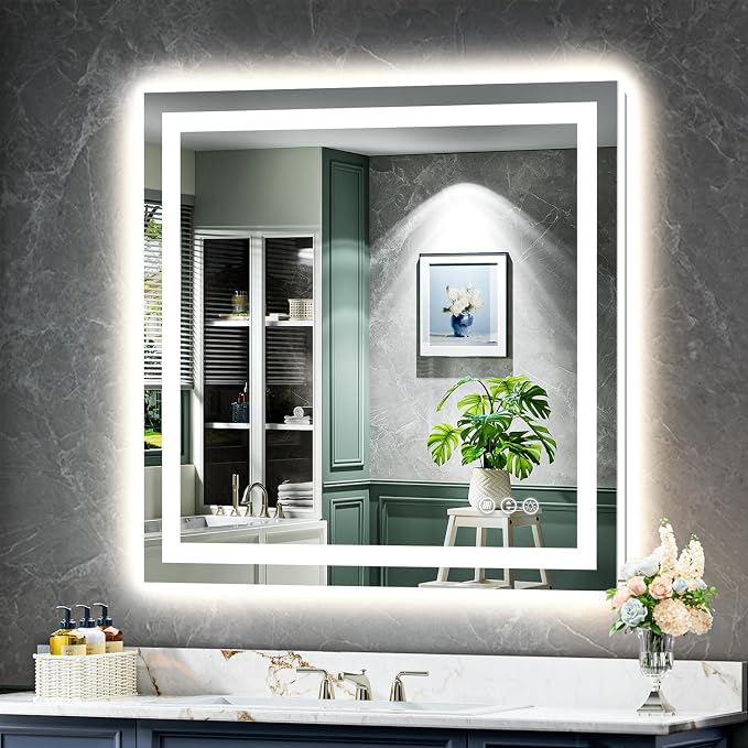 40x38 Inch LED Bathroom Mirror with Lights Front and Backlit Lighted Vanity Mirror for Bathroom Wall with 3 Colors Dimmable Anti-Fog Memory Shatter-Proof IP54 Waterproof Horizontal/Vertical