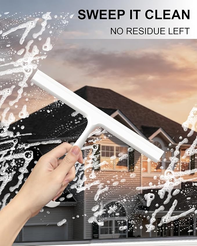 Shower Squeegee for Shower Glass Doors, 10 in Bathroom Squeegee with Hook | Muilt-Purpose Glass Squeegee for Tile, Shower Walls, Window, Car Cleaning, Streak-Free, No-Squeak, Ergonomic Hanging Squeegee