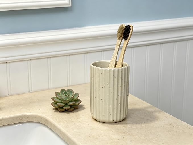 Stoneware Toothbrush Holder for Bathroom Tooth Brush Holder for Bathroom Toothbrush Cup Toothbrush Holders Cute Fluted Vertical Ribbed Stripe (Speckled Beige)