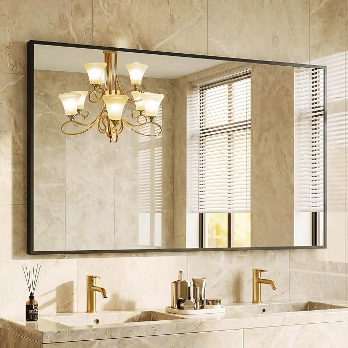 DUMOS Bathroom Mirror for Over Sink, 48"x30" Rectangle Wall Mount Mirror | Modern Vanity Mirrors with Tempered Glass and Metal Frame, Anti-Rust, Horizontal or Vertical for Home Decor, Black