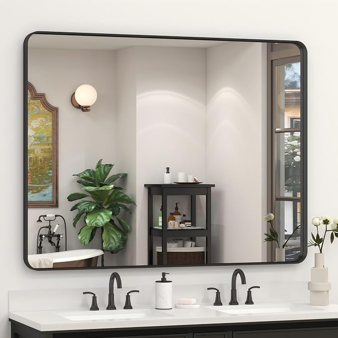 48x36 Inch Black Framed Bathroom Mirror for Wall, Matte Black Metal Wall Mirror, Black Rectangle Vanity Mirror, Tempered Glass, Anti-Rust, Hangs Vertically or Horizontally | Matte Black Metal Wall Mirror, Black Rectangle Vanity Mirror, Tempered Glass, ...