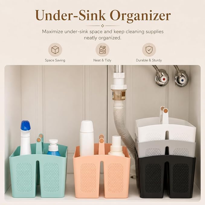 Plastic White Shower Caddy Basket with 3 Compartments, Portable Divided Bathroom Cleaning Caddy Organizer Storage Tote with Handle for Dorm, College, Room Essentials