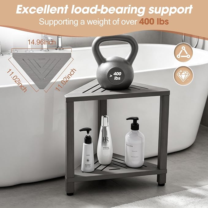 Corner Shower Stool with Storage Shelf, HDPS Waterproof Shower Foot Rest for Shaving Legs, 2-Tier Triangle Bathroom Stool for Inside Shower, Non-Slip Small Shower Bench, Gray