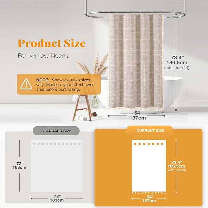 54x72 Boho Farmhouse Linen Heavy Duty Shower Curtain Set, Tan/Taupe | Small Size, 330GSM Linen Blend, 3-side Tassels, Water Repellent Fabric, 10 Plastic Hooks, Rustic Bohemian, Machine Washable