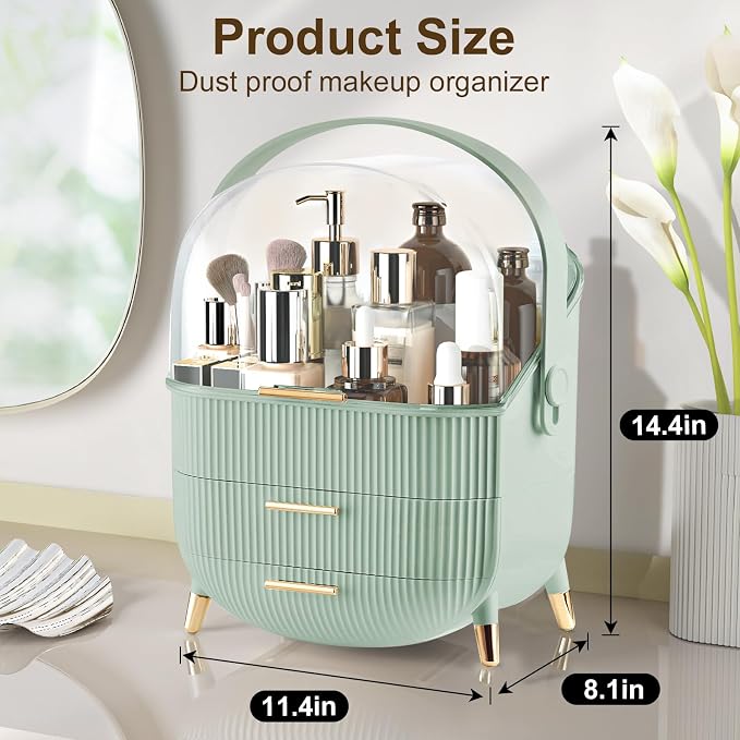 Makeup Organizer for Vanity, Large Capacity Skincare Organizer Countertop | Cosmetics Organizer with 2 Drawes, Cosmetic Display Cases Makeup Storage Box for Bedroom, Bathroom, Gifts for Women(Green)