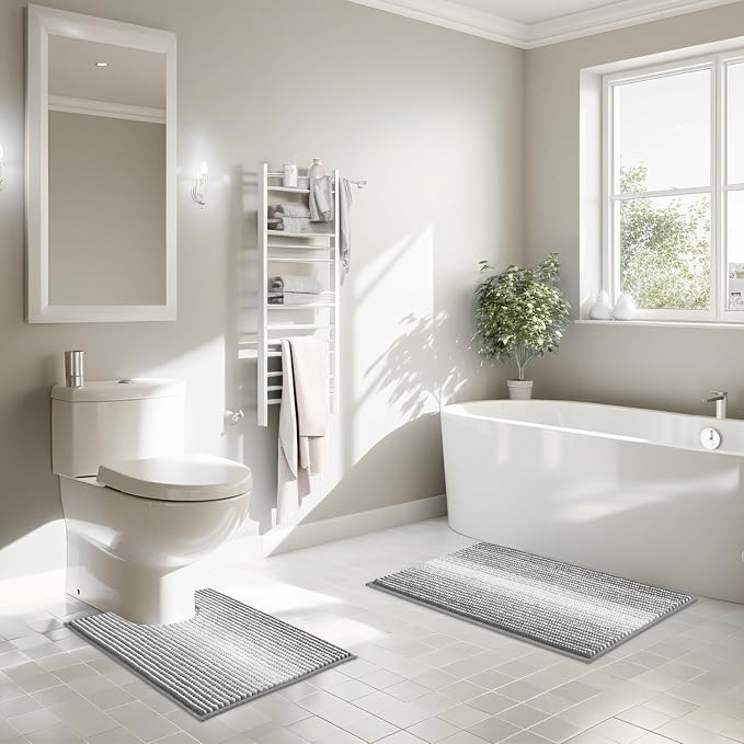 Bathroom Rugs Sets 2 Piece, Toilet Rugs U-Shaped, Contour Bath Mat Rugs Set for Toilet Bathroom, Soft Absorbent Chenille Bath Carpet, Quickly Dry, Washable (Gray, 32"" x 20"" + 24"" x 20""), Grey