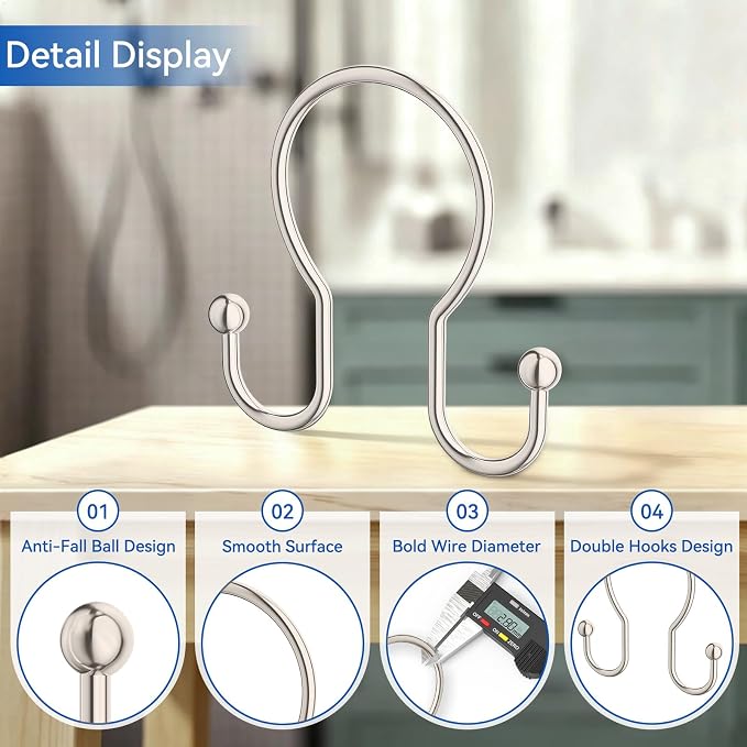 OEH Shower Curtain Hooks, 12 Pcs Minimalist Shower Curtain Rings, Metal Shower Curtain Hangers, Double Hook Shower Curtain Hooks Rust Proof, Glide Smoothly Shower Hooks for Shower Curtain Rod, Nickel