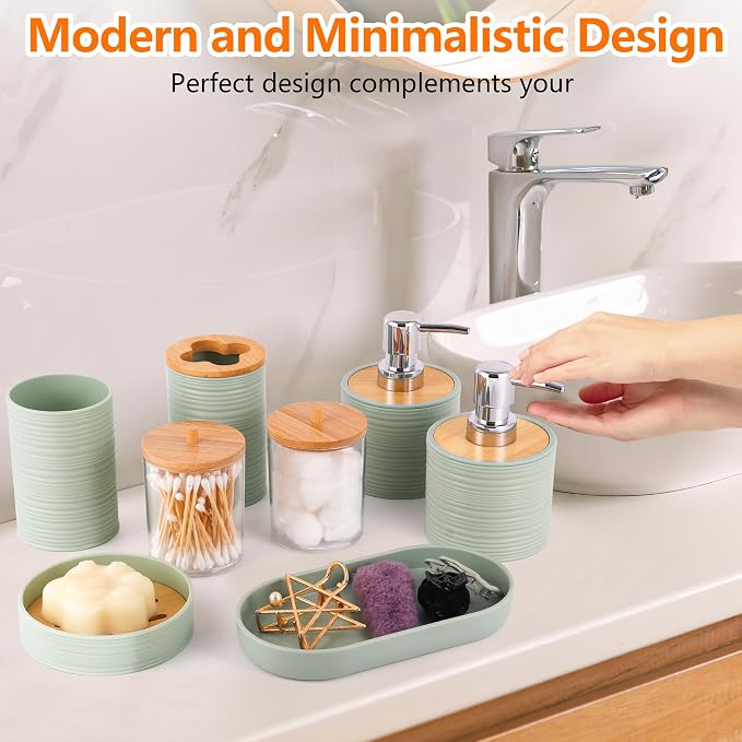 25 PCS Green Bathroom Accessories Set丨Shower Curtain Bathroom Accessory | All-in-One Kit with Shower Curtain,rug,Trash Can,Toothbrush Holder,Toilet BrushSoap Dispenser,Toothbrush Cup,etc for Home