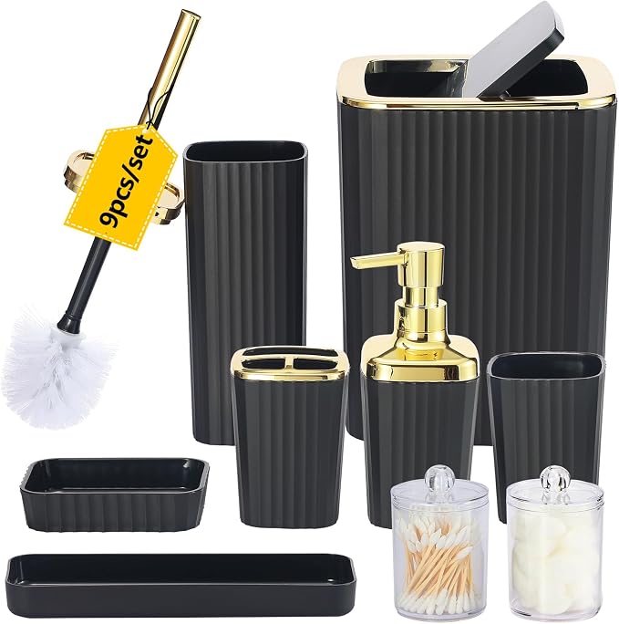 9 PCS Black Bathroom Accessories Set with Trash Can Bathroom Accessory | All-in-One Kit with Trash Can,Toothbrush Holder,Soap Dispenser,Toothbrush Cup,Vanity Tray,Soap Dish,Toilet Brush etc for Home