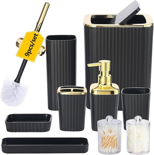 9 PCS Black Bathroom Accessories Set with Trash Can Bathroom Accessory | All-in-One Kit with Trash Can,Toothbrush Holder,Soap Dispenser,Toothbrush Cup,Vanity Tray,Soap Dish,Toilet Brush etc for Home