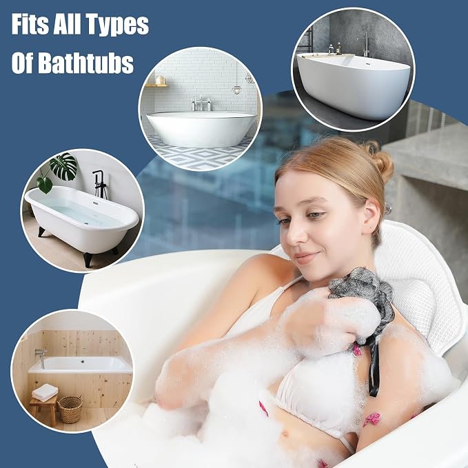 Full Body Bath Pillows for Tub Luxury Bathtub Pillow Cushion for Head,Shoulder,Back&Lumbar Support Thick Tub Pillow for Bathtub for Women Soft 5D Air Mesh Mat 12 Non-Slip Power Suction Cups (White)