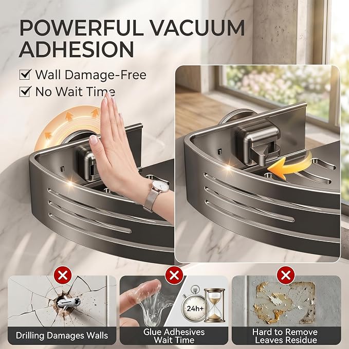 2 PCS Corner Shower Caddy Suction Cup, Rustproof Aluminum Shower Shelves with Hooks, No-Drilling Upgrade Bionic Suction Cup Shower Organizer, Removable Bathroom Storage Corner Shelf(Grey)