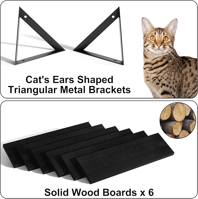 SRIWATANA Black Floating Shelves, 6-Piece Set Wood Wall Storage Unit | Sturdy Rustic Wall Organizers in 6-Pack Set; Space-Saving Wood Shelves to Create Custom Gallery Displays for Decor & Storage
