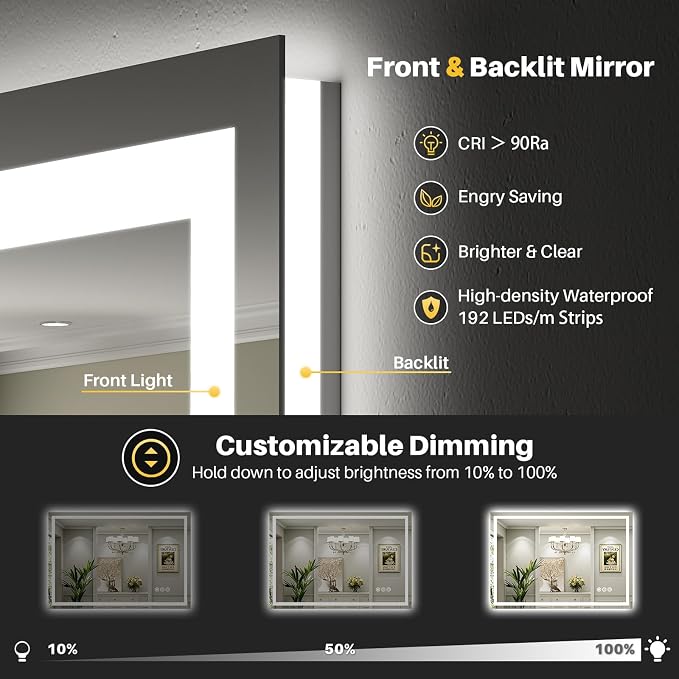 77x36 Inch LED Bathroom Mirror with Lights, Backlit & Front Lit | Anti-fog, 3 Color Dimmable, Memory Function, HD Reflection Tempered Glass, ETL Listed, IP54 Waterproof
