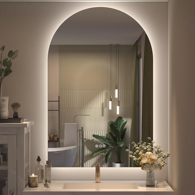 40x28 Inch Backlit Arched LED Bathroom Mirror | Dimmable Arched LED Vanity Mirror with Lights, Anti-Fog, 3 Colors, Shatterproof, Memory, ETL Listed