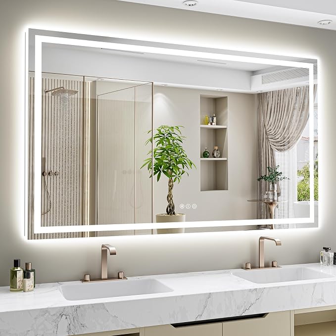 68x48 Inch LED Bathroom Mirror with Lights Front and Backlit Lighted Vanity Mirror for Bathroom Wall with 3 Colors Dimmable Anti-Fog Memory Shatter-Proof