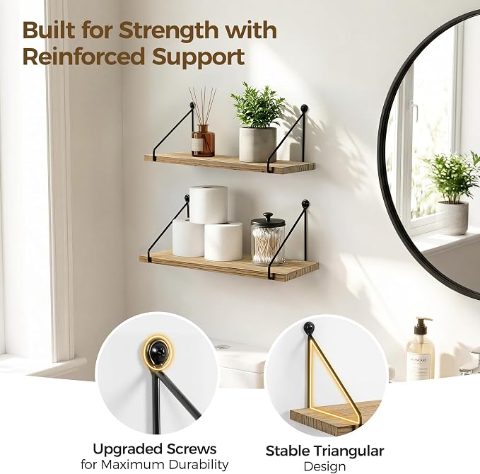 Afuly Rustic Floating Shelves for Wall, Wood Shelf with Brackets, Set of 2 | Solid Wood and Metal, Hanging Bookshelf, Plants Photos Display, for Bathroom, Kitchen, Living Room, Bedroom, Home Decor