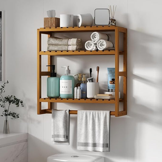 Galood Over The Toilet Storage Bathroom Shelves Wall Mounted 3 Tier Brown-L | Space Saver Corner Shelf Organizer Bamboo Towel Rack Toilet Paper Cabinet with Hanging Rod