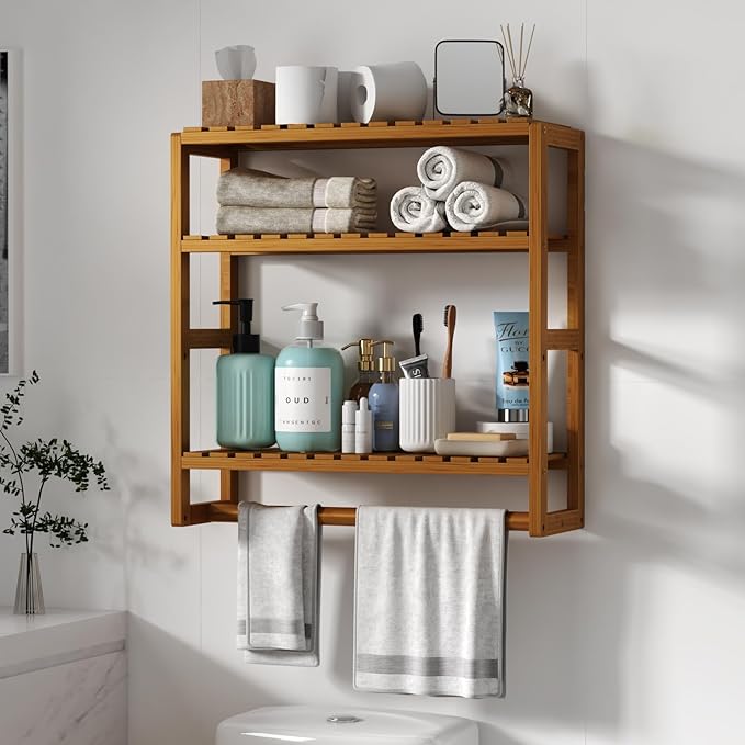 Galood Over The Toilet Storage Bathroom Shelves Wall Mounted 3 Tier Brown | Space Saver Corner Shelf Organizer Bamboo Towel Rack Toilet Paper Cabinet with Hanging Rod