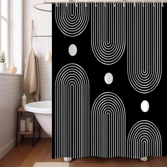 Black and White Extra Long Shower Curtain, Boho Minimalist Mid Century Modern Arch Geometric Machine Washable Waterproof Fabric for Bathroom Bathtub with Hooks 72Wx84H