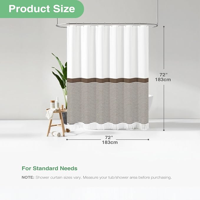 Brown Fabric Shower Curtain, Farmhouse Boho Striped Tassel Shower Curtains for Bathroom, Bohemian Textured Cloth Shower Curtain Set with Hooks, Water Repellent, Wrinkle Free, 72x72