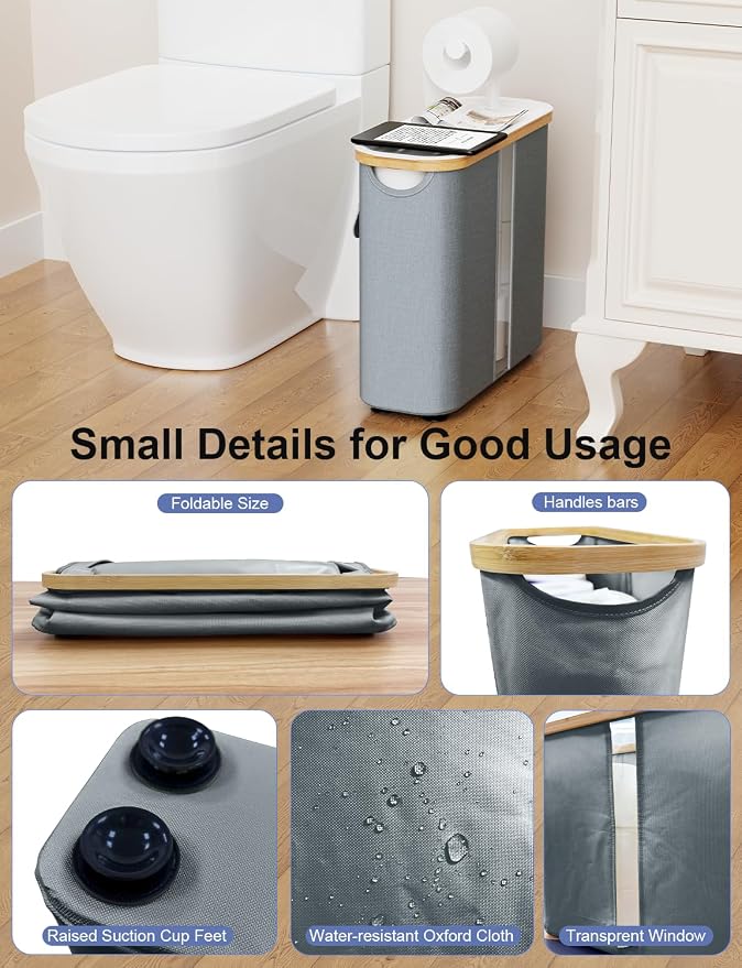 Toilet Paper Basket with Holder, Tray and Bamboo Frame, 12 Rolls, Gray | Waterproof Oxford fabric, privacy pocket, viewing window and suction-cup base for 9 mega or 12 regular rolls plus 1 in use