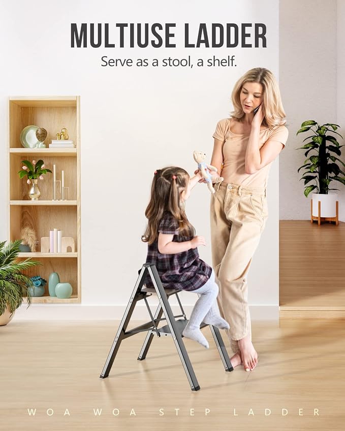 2 Step Foldable Step Stool, 300lbs Load, Black | Folded 27''H x 2''T; Net 6.6 lbs; Non-Slip Feet: Wood/Tile/Carpet; Rigid Aluminum Steps; No Assembly; Ready From Box.