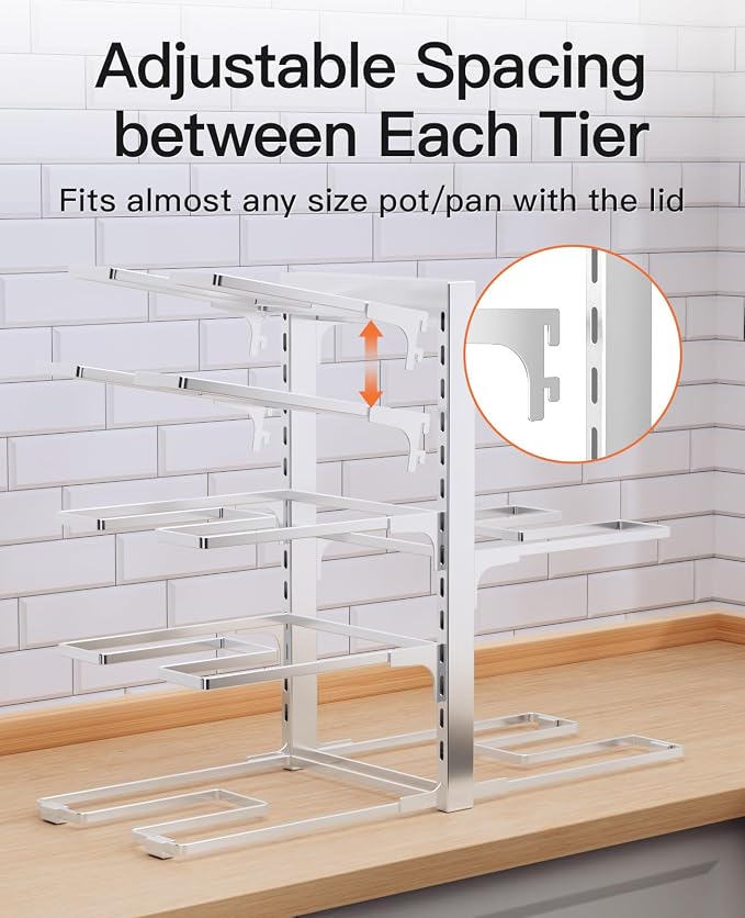 Pots and Pans Organizer Under Cabinet 15.8" 8-Tier Adjustable Silver | 2 DIY Modes, Tool-Free Assembly, Max 120 Lbs, Fits Cast Iron Pans, Dutch Ovens & Heavy Cookware, For Kitchen Cabinets
