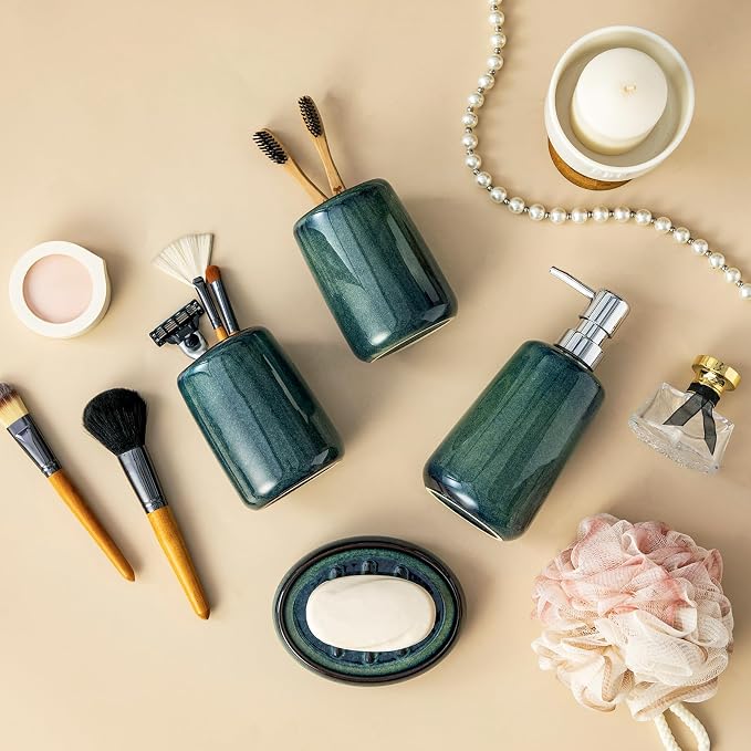 vancasso Green Bathroom Accessories Set, Ceramic Soap Dispenser and Toothbrush Holder Sets, Stoneware 4 Pcs Bathroom Sink Set for Modern Home Decor, Series Starry