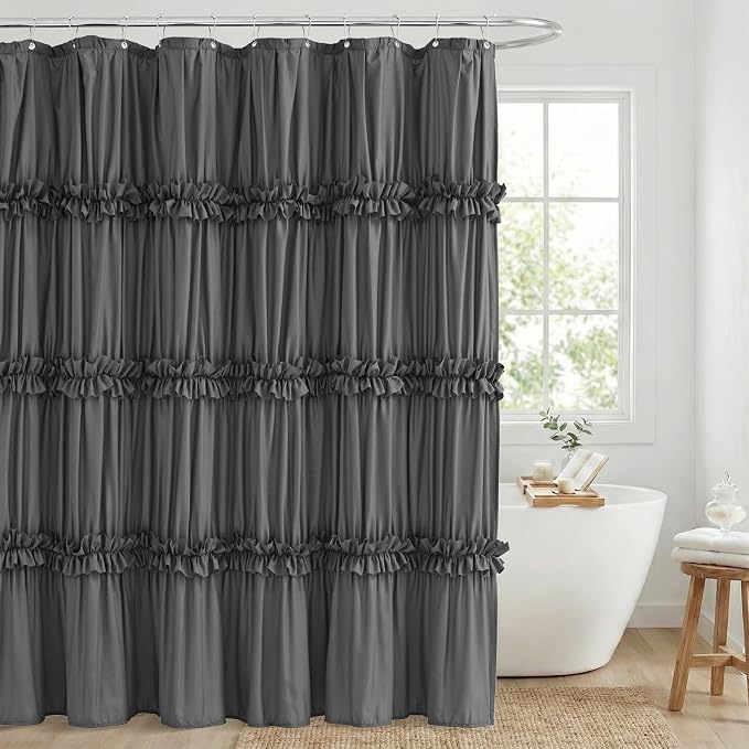 LIPA Boho Shower Curtain Rustic Ruffle Shower Curtain with Ruched & Bow Vintage Farmhouse Shower Curtains for Bathroom Bohemian Bathroom Decor(Grey,72x72 Inches)