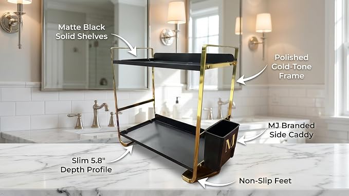 2 Tier Bathroom Countertop Organizer, Black and Gold | Side Caddy, Metal Construction, Slim Counter Storage Rack, For Vanity