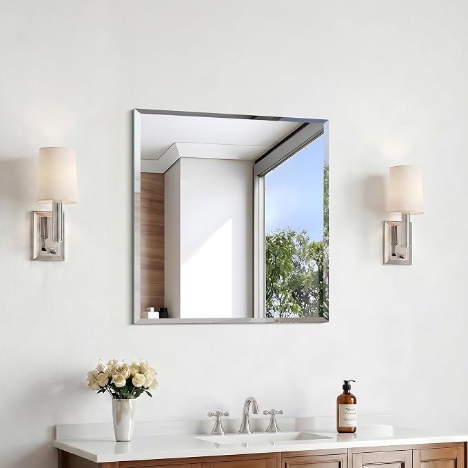 KOCUUY Beveled Mirror, 24x24 Inch Frameless Bathroom Mirror for Over Sink, Upgraded Shatterproof Unframed Mirror for Bathroom, Bedroom, Hang Horizontal/Vertical