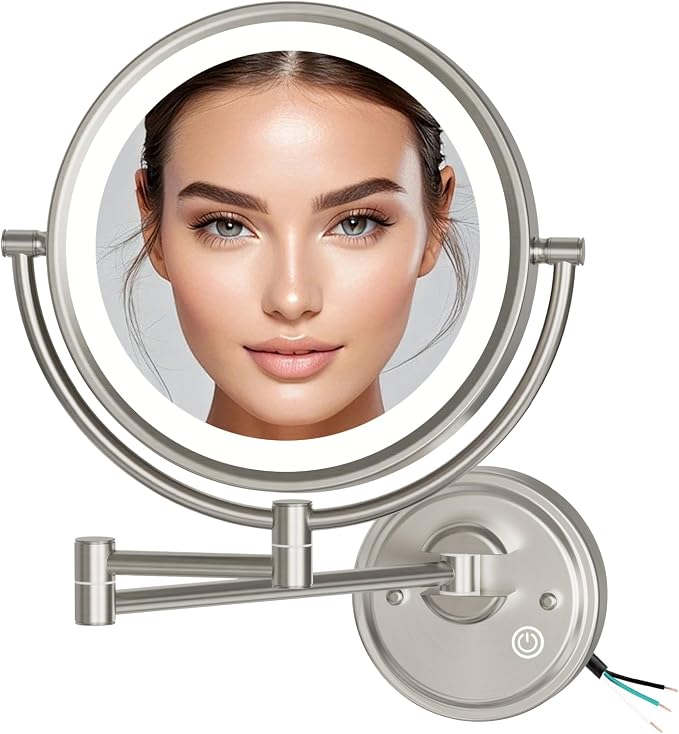 10" Hardwired Brass 5X Magnifying Makeup Mirror Wall Mounted with Light | 3 Color LED Touch Dimmable, 2-Sided, Bathroom SPA Hotel Vanity Cosmetic Shaving, Extendable Arm, 360 Rotation, Brushed Nickel