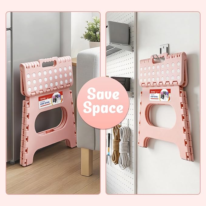 11" Folding Step Stool for Kids, Non-Slip Foldable Stool, Light Pink | Heavy Duty Collapsible Foot Stool, Lightweight with Built-in Handle, Holds 300 lb for Adults Kitchen Bathroom Bedroom Outdoor