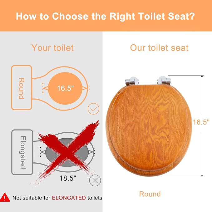 Angel Shield Toilet Seat Round Wood Veneer Natural Soft Close | Quick Release Metal Hinges, Adjustable Fit for Standard Round Toilets, Easy to Install&Clean