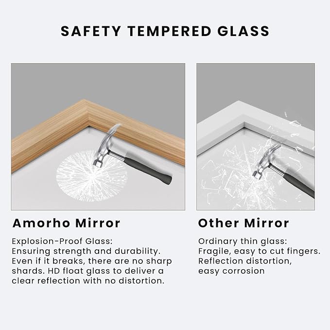 Bathroom Mirror, 60" X36" (Oak Wood Grain) | Metal Frame Mirror for Wall, HD Reflection, Anti-Rust, Horizontally/Vertically, Suitable for Bathroom, Farmhouse, Entryway