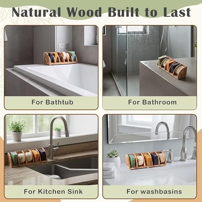 Wooden Shampoo Bar Holder Multi Bar Soap Dish with Self Draining, 5 Slot, Natural Soap Holder for Shower Conditioner Bathroom Organizer, Keep Dry and Neat, 10.24 x 3.35 x 3.15 inch