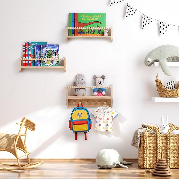 Nursery Floating Shelves for Kids Rooms – 16 Inches Floating Wall Bookshelves, Space - Saving for Kids Room, Bedroom and Study Room,Set of 3 (Pre-Strung Bead Strings)